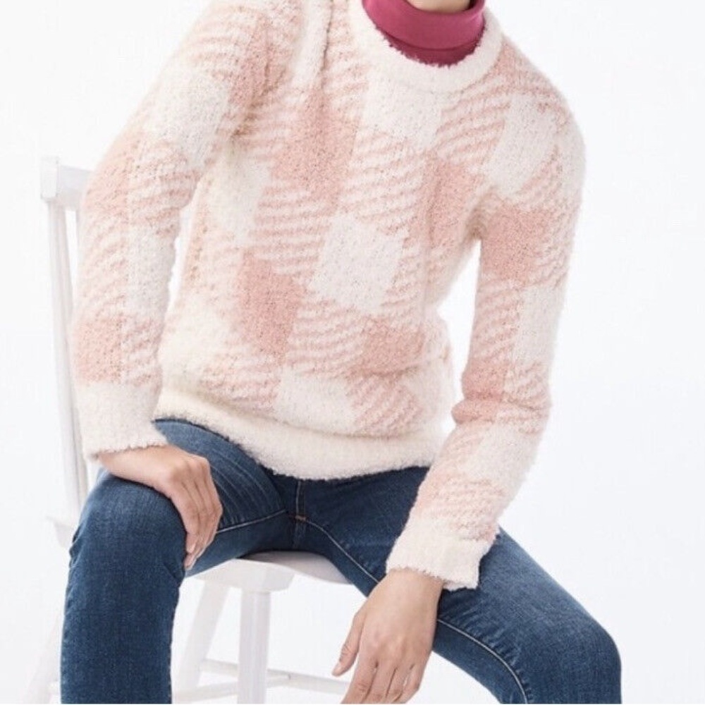 J. CREW Boucle Buffalo Check Plaid Chunky Sweater Pink White Wool Alpaca Size XL